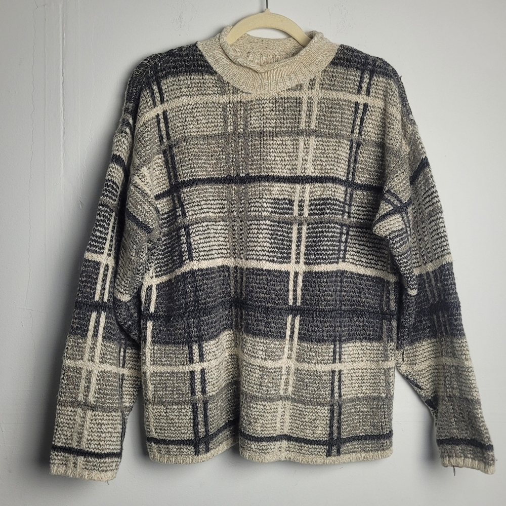 Vintage Structure Grey Colorblock Wool Mock Neck Grandpa Style Cozy Sweater